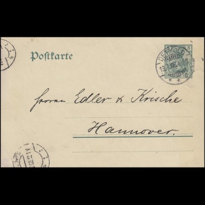 Postkarte P 78 Germania 5 Pf. von DETMOLD 13.7.08 nach HANNOVER 14.7.08