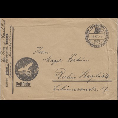 Briefstempel Postamt Mannheim auf Postsache SSt MANNHEIM 14.9.1937 nach Berlin