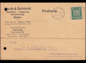 Firmenlochung HS auf 356 Adler 5 Pf. als EF auf Postkarte STETTIN 15.9.25