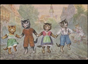 Ansichtskarte Fr. Row. Vermenschlichte Katzen / Cats, geschrieben 3.9.1930 