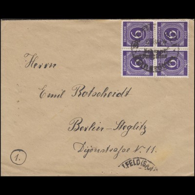 916 Ziffer 4x6 Pf. Viererblock MeF Brief SSt SAALFELD (SAALE) 1946 nach Berlin
