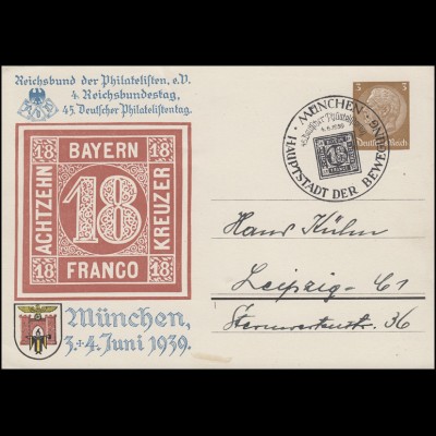 Privat-Postkarte Philatelistentag & Reichsbundestag 1939 SSt MÜNCHEN 4.6.39