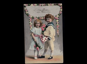 AK Glückwünsche Namenstag: Kinder mit Rosen und Karte, BASEL ST. ALBAN 1916