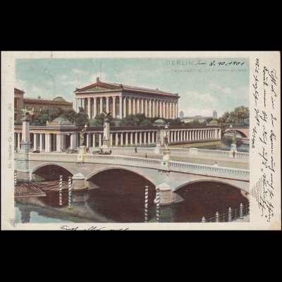 AK Nationalgalerie mit Friedrichsbrücke BERLIN 8.10.1901 nach DINKLAR 10.10.01