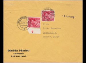 Volksabstimmung im Sudetenland MeF auf Brief BAD KREUZNACH 3.6.1939 nach Berlin