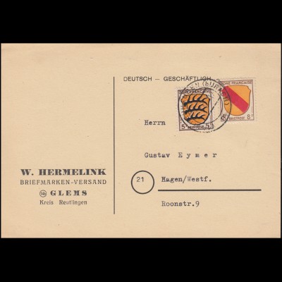 3+6 Freimarken Wappen-MiF auf Postkarte NEUHAUSEN (URACH) 1947 nach Hagen