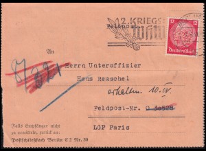 Firmenlochung MB auf Hindenburg 12 Pf. EF auf Feldpost-Kartenbrief BERLIN 1.4.41