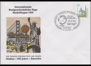 PU 290 Postgeschichtliche Tage Sindelfingen, SSt Sifi Globus Amerika 23.10.1992