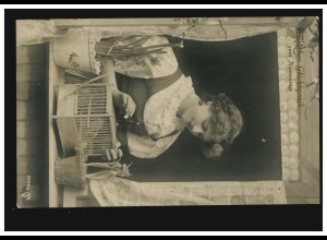 Foto-Ansichtskarte Namenstag Frau mit Vogelkäfig am Fenster,OBERHAUSEN 14.8.1910