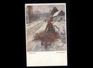 Künstler-AK Emil Czech: Winteridylle mit Holzleserin Wiener Kunst, ungebraucht
