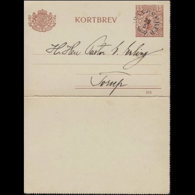 Kartenbrief K 15 KORTBREV 15 Öre mit DV 919, gelaufen 29.5.1920, Karte ohne Rand
