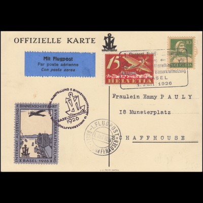 Erstflug Basel-Schaffhausen Offizielle Parte SSt Ausstellung BASEL 1.7.1926