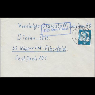 Landpost-Stempel 6121 Dorf Erbach auf Brief MICHELSTADT 1963 nach Wuppertal