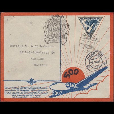 500. Post-Flug Nieder.-Indien-NL 28.11.1937 Schmuck-Brief EF 195 MEDAN 27.11.37