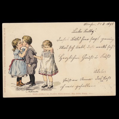 Kinder-AK Der Kuss - Eifersucht, Ortspostkarte MÜNCHEN 28.2.1898 / 1.3.98