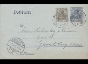 Postkarte P 70X Germania 3+2 Pf mit Wz. HERINGHAUSEN 11.9.1907 nach GEVELSBERG 