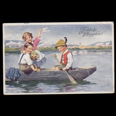 AK Glückwünsche Pfingsten: Lachende Kinder im Boot, ALTONA / ELBE 9.5.1913