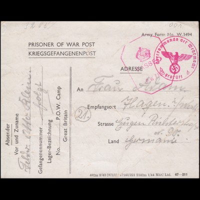 Kriegsgefangenenpost England PASSED P.W. 7163 nach Deutschland Zensur 11.9.1944