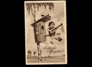 AK Glückwünsche Pfingsten: Mädchen mit Gitarre auf Vogelhaus, gelaufen 1937