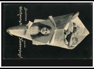Foto-Ansichtskarte Namenstag Mädchen in übergroßer Tüte, AACHEN 6.6.1905