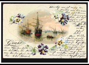 Künstler-AK Gruss ... Hafen mit Segelschiffen Dampfern Blumen, nach BONN 1900