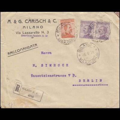 Deutsche Zensur R-Brief MILANO 6.8.1921 nach BERLIN 9.8.21 mit Aufkleber