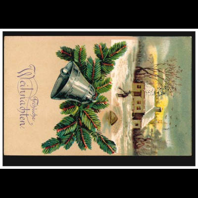Prägekarte Weihnachten Winterlandschaft Tannenzweig mit Glocke, BREMEN 25.12.09