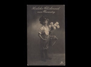 Kinder-AK Glückwünsche Namenstag: Junge mit Mütze und Blumen, SAARBRÜCKEN 1923