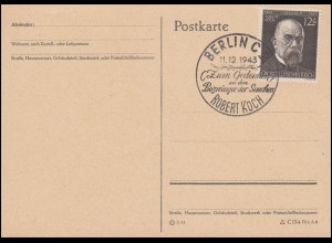 864 Robert Koch - Blanko-Postkarte mit SSt BERLIN Bezwinger der Seuchen 11.12.43