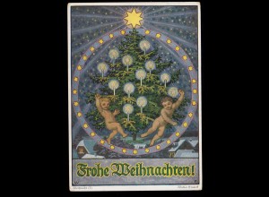 AK Weihnachten: Engel mit Weihnachtsbaum im Sternenkreis, MÜNCHEN 26.12.1935