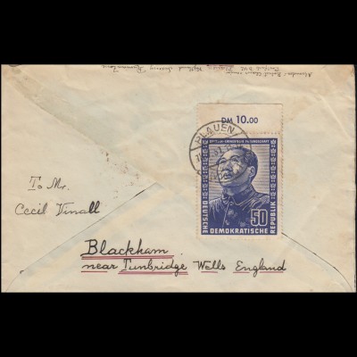 288 Dt.-Chines. Freundschaft mit Oberrand EF Brief PLAUEN 18.7.1951 nach England