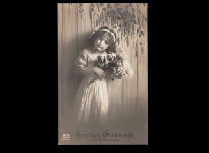 Kinder-AK Glückwünsche Namenstag: Mädchen mit Rosenstrauß, OBERHAUSEN 24.7.1915