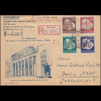 DDR 289-292 Weltfestspiele: Satz auf amtlichen Schmuck-FDC ESSt Berlin 3.8.1951