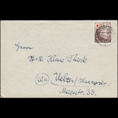 385 Rotes Kreuz als EF auf Brief FRANKFURT / ODER 5.12.1953 nach Uelzen/Hannover