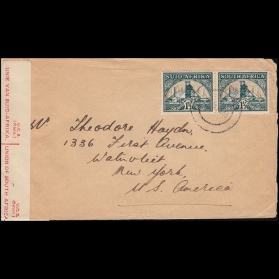 Zensur Südafrika-USA 79-80 Goldmine Paar Brief ENTUMENI 15.1.1940 nach New York 