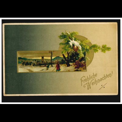 Prägekarte Weihnachten Winterlandschaft mit Tannenzapfen, um 1910 nach Berlin