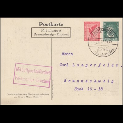 Erster Postflug Braunschweig zum Brocken PP 92 SSt BRAUNSCHEIG 9.10.1927