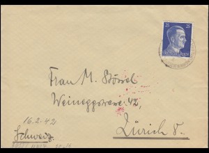 Zensur-Brief mit 793 als EF von FRANKFURT/MAIN 16.2.1942 nach Zürich / Schweiz