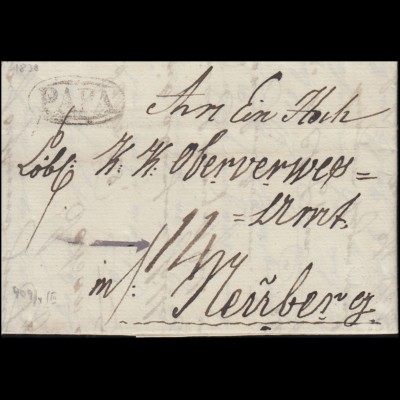 Österreich-Ungarn Faltbrief Oval-O aus PAPA 30.1.1838 an Oberverweseramt Neuberg