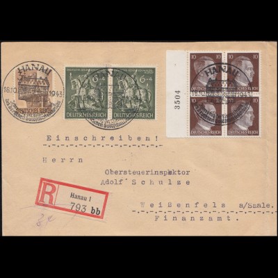 860 Goldschmiedekunst und 826 Viererblock mit Bogennummer R-Brief SSt HANAU 1943