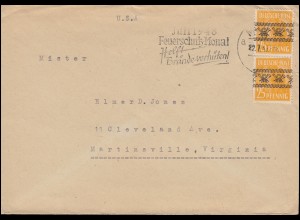45I Band auf 25 Pf. als MeF Brief aptierter Stempel MÜNCHEN 22.7.1948 in die USA
