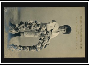 Foto-AK Geburttag Junge mit Girlande als Hufeisen, DELITZSCH 1913 nach Berlin