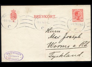 Dänemark Postkarte P 159 II 10 Öre mit Kz. 52-M aus KOPENHAVN 9.12.19 nach Worms