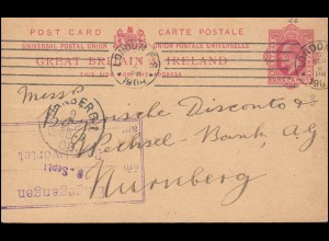 Großbritannien Postkarte P 31 Eduard VII. LONDON 7.9.1908 nach NÜRNBERG 9.9.08