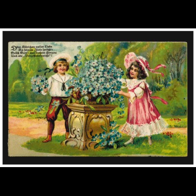 AK Kinder Vergissmeinnicht Mädchen und Junge vor Blumenkübel SCHÜTTORF 17.5.1920