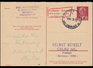 DDR P 65aA Pieck Antwortkarte aus BEOGRAD 8.11.1958 nach Calau / Niederlausitz