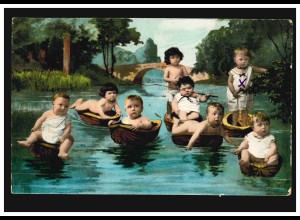 Kinder-Ansichtskarte: Acht Kleinkinder in Nussschalen, AARAU 29.1.1906
