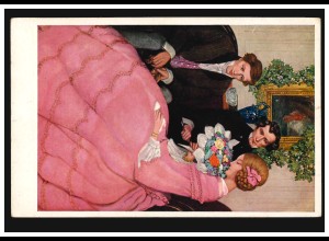 Liebe-AK Gemälde von M. Munk: Der Besuch mit Blumenstrauß, ungebraucht