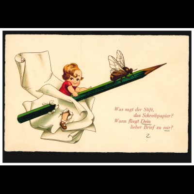 Karikatur-AK Gedicht zum Briefeschreiben: Kind mit Papier und Stift, beschriftet