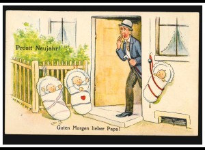 Karikatur-AK Neujahr: Guten Morgen lieber Papa! Drillinge vor der Tür, 31.12.28